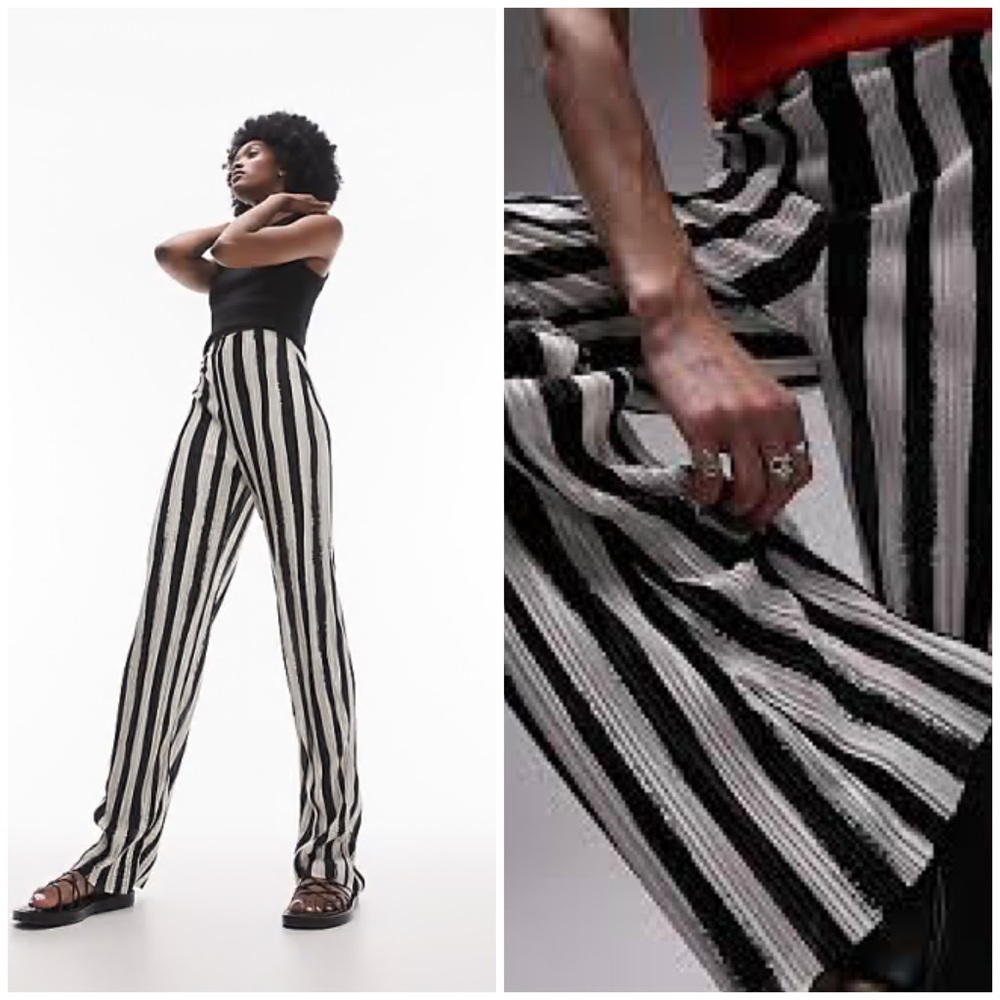 Topshop Stripe Plisse Wide Leg Disco Pants in Monochrome Stripe Size 8T EUC